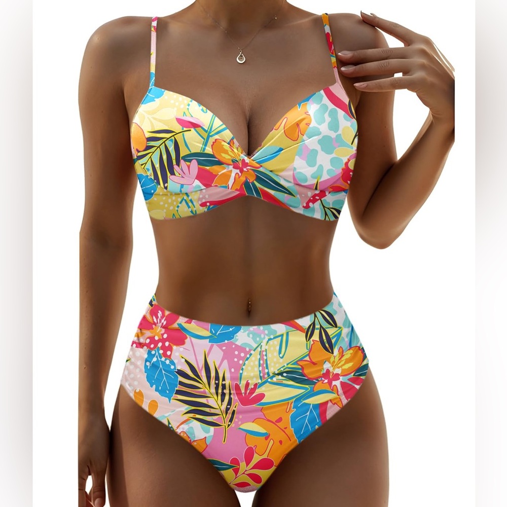 Aqua Eve Two Piece Bikini Swimsuit Women’s US Size L Floral Underwire High Waist